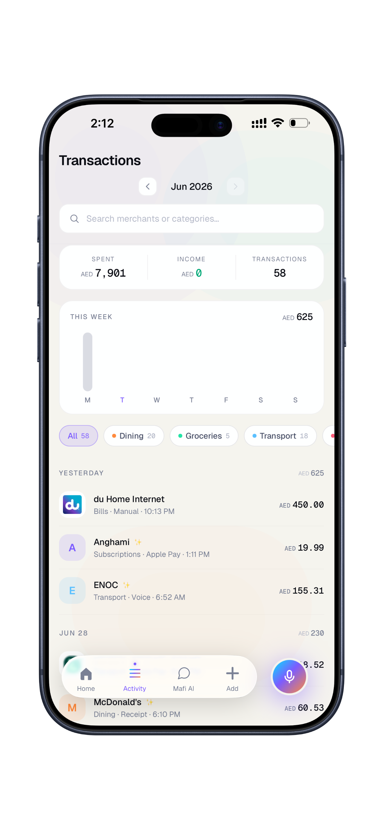 Mafi activity screen showing upcoming outgoings and recent transactions