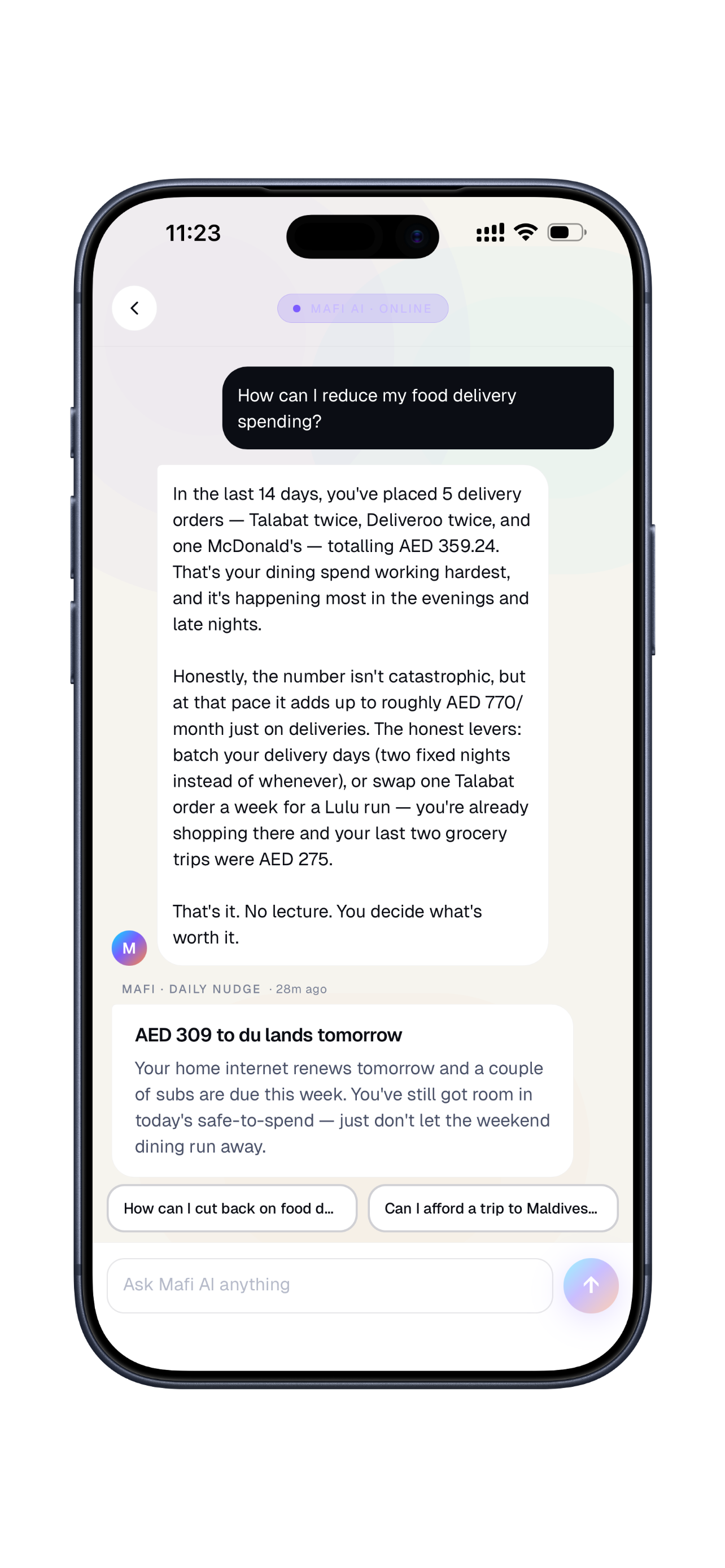Mafi AI coach with a daily nudge and a weekly money story