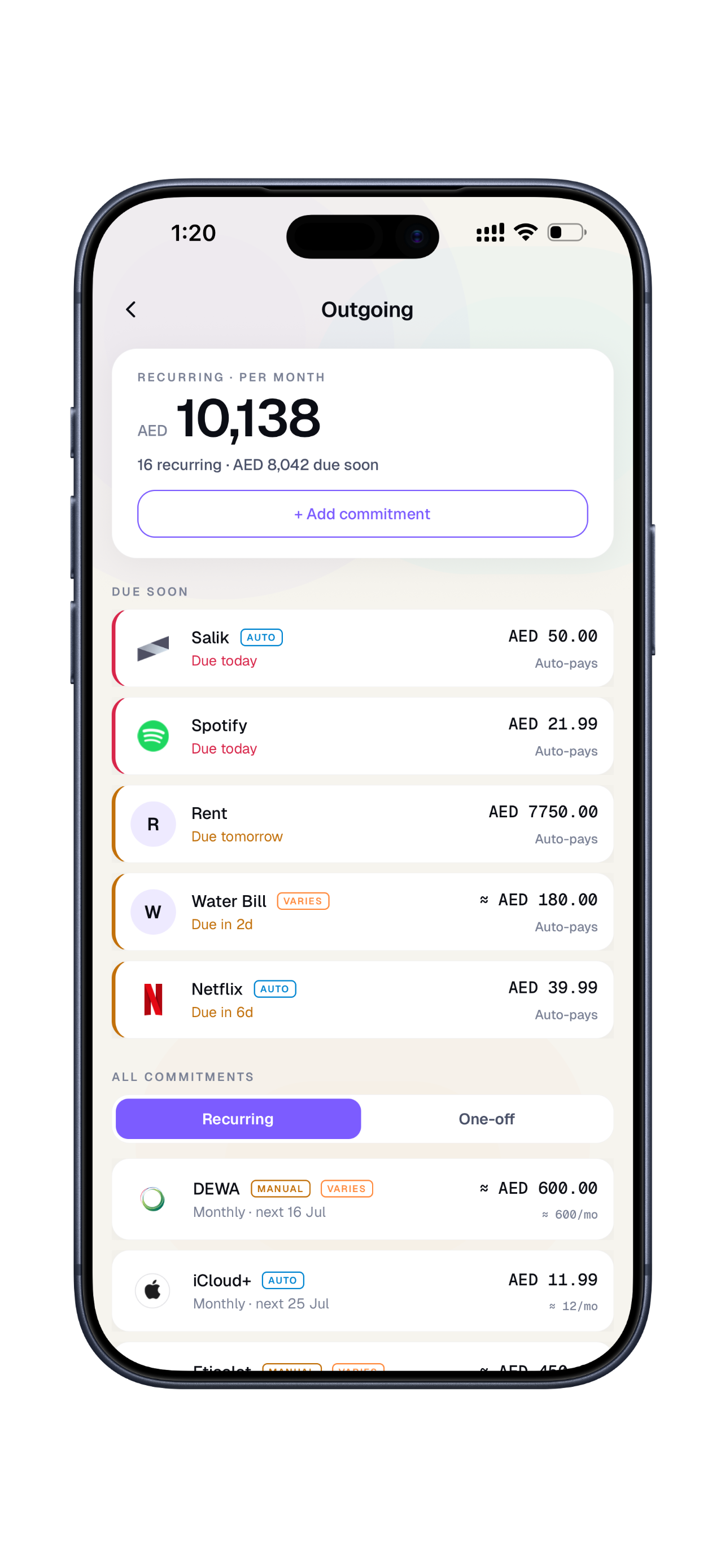 Mafi commitments screen listing recurring subscriptions and bills with due dates