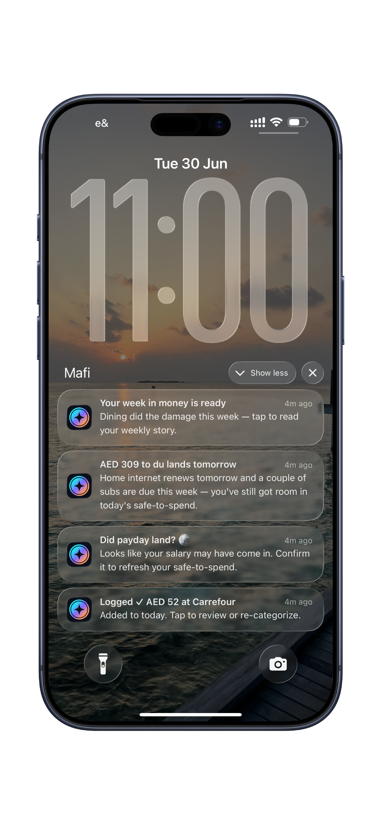 Mafi lock-screen notifications nudging before payday and before a bill is due